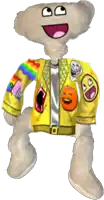 a stuffed animal wearing a yellow jacket with patches on it