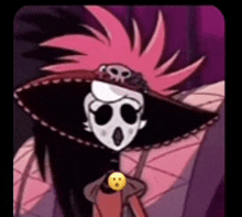 a cartoon character is wearing a hat with a skull on it and a smiley face .