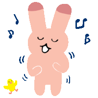 a pink bunny is dancing with a yellow chick behind it