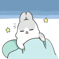 a cartoon drawing of a rabbit laying under a blanket with stars in the background