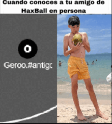 a picture of a boy holding a coconut on the beach