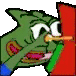 a pixel art drawing of a green frog holding a red object in its mouth .