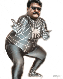 a man in a spider man costume with vimmuuu written below him