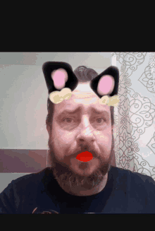 a man with a beard is wearing a cat ear filter on his face