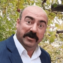 a bald man with a mustache is wearing a suit and white shirt and making a funny face .