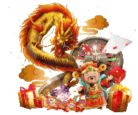 a dragon is surrounded by a man in a red robe and a roulette wheel