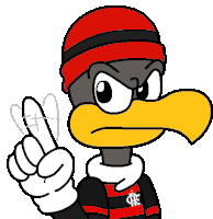 a cartoon bird is wearing a red hat and gloves and pointing up