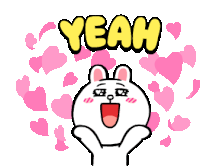 a cartoon bunny is surrounded by pink hearts and the word yeah