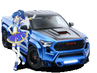 a blue toyota truck with a girl standing in front of it