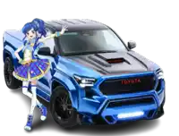 a blue toyota truck with a girl standing in front of it