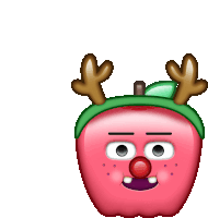 a cartoon apple with a red nose and antlers