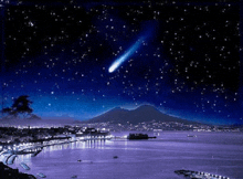 a night sky with a comets flying over a city