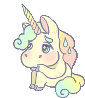 a cartoon drawing of a unicorn with a sad expression on its face