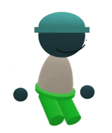 a cartoon character with a blue hat and green pants is standing on a white background .