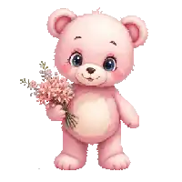 a pink teddy bear holding a bouquet of flowers