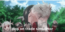 a group of anime girls standing next to each other with the words hop on trade simulator written below them