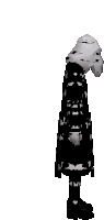 a black and white pixel art of a person with a long neck and a skull on their head .