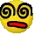 a pixel art of a yellow smiley face with a red mouth and a black swirl around the eyes .
