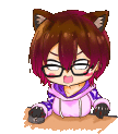 a cartoon of a girl with cat ears and glasses sitting at a table .