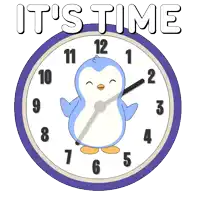 a clock with a penguin on it and the words " it 's time " above it