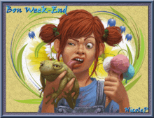 a girl is holding a frog and eating an ice cream cone with bon week-end written on it