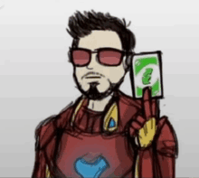 a drawing of a man wearing sunglasses holding up a card that says ' g ' on it