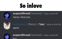 a screenshot of a discord conversation that says so inlove