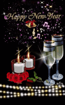 a happy new year greeting with candles and champagne glasses