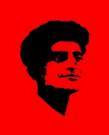 a black and red silhouette of a man 's face on a red background .