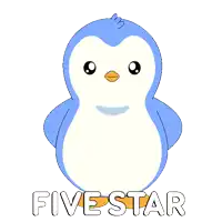 a blue and white penguin holding a piece of paper with five stars on it