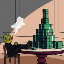 a cartoon of a man smoking a cigarette next to a stack of money on a table