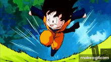 a young goku from dragon ball z is jumping in the air .