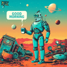 an illustration of a robot holding a cup of coffee and says good morning