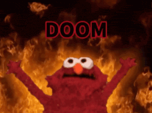 elmo from sesame street is standing in front of a fire with the word doom written on it
