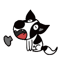 a black and white cartoon dog is holding a heart in his mouth