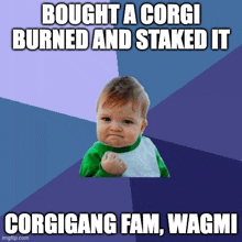 a baby with a fist in the air with the caption bought a corgi burned and staked it