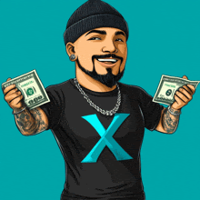 a man in a black shirt with an x on it is holding two hundred dollar bills in his hands