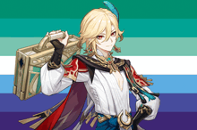 a man with blonde hair and red eyes is holding a sword
