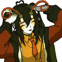 a pixel art drawing of a girl with long black hair and a red tie