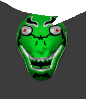 a green cartoon face with red eyes and a white outline