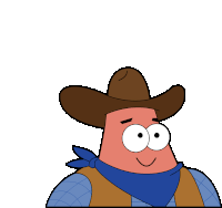 patrick star is wearing a cowboy hat and a blue scarf