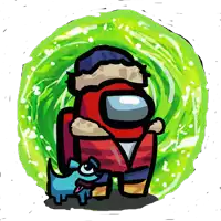 among us character with a blue dog in front of a green swirl