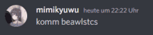 a screenshot of a discord conversation between mimikyuu and komm beawlstcs