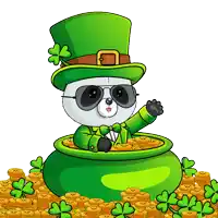 a panda wearing a leprechaun hat and sunglasses sitting in a pot of gold