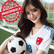 a girl holding a soccer ball with a stamp that says museumbola on it