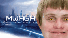 a man 's face is shown in front of a muiga become human logo