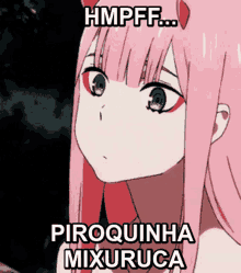 a picture of a pink haired anime girl with the words hmpff piroquinha mixuruca below her