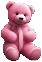 a pink teddy bear with a bow around its neck