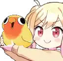 a girl is holding a small yellow bird in her hands .