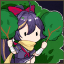 a girl with purple hair and a red bow is holding a tree branch